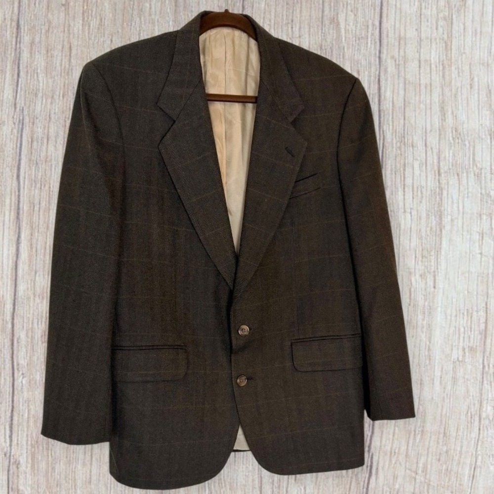Oscar de la Renta Mens Brown Windowpane Plaid Blazer Sport Coat 40R